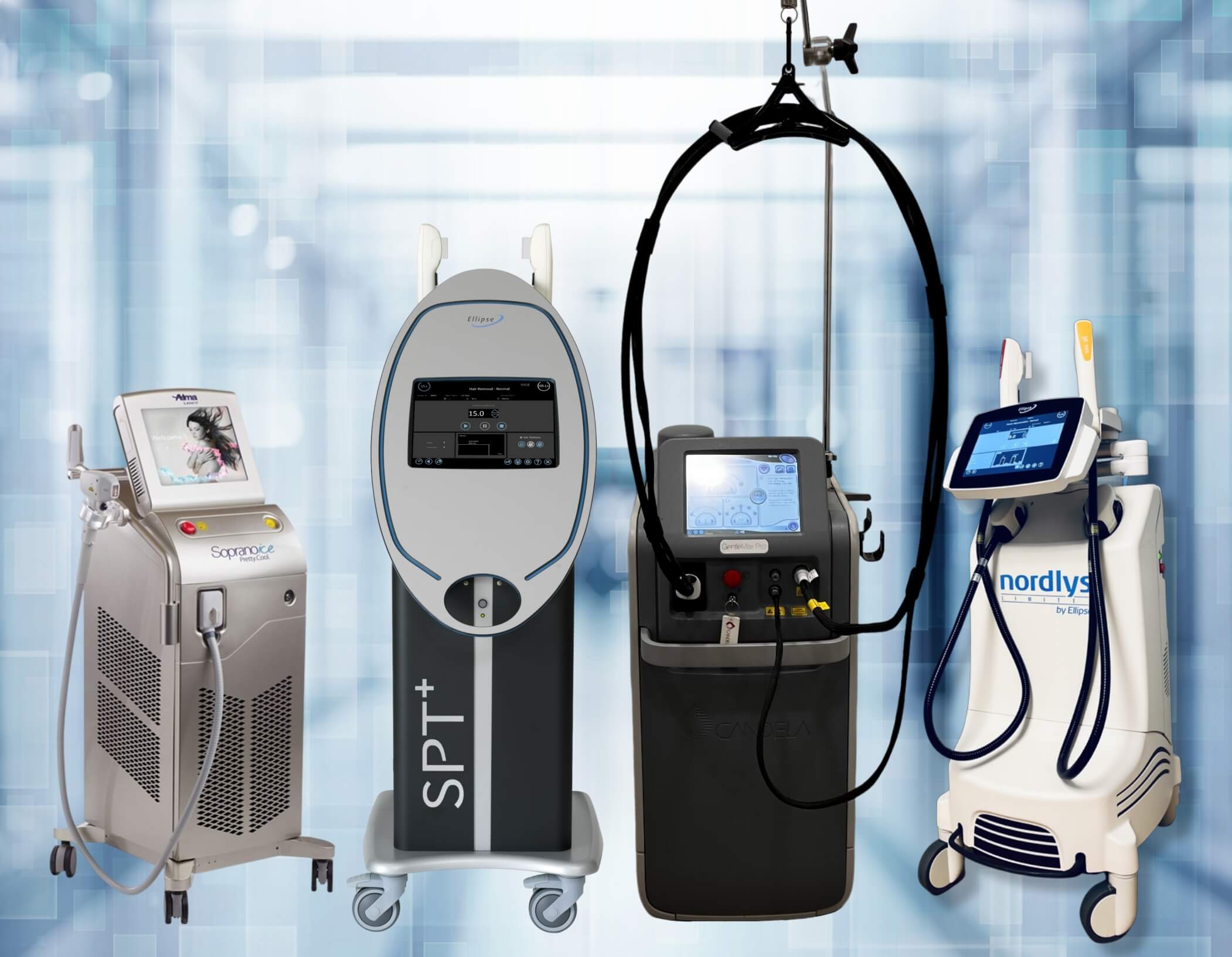 Alma Soprano Ice, Ellipse SPT+, Candela GentleMax Pro, Ellipse Nordlys IPL and Laser Devices.