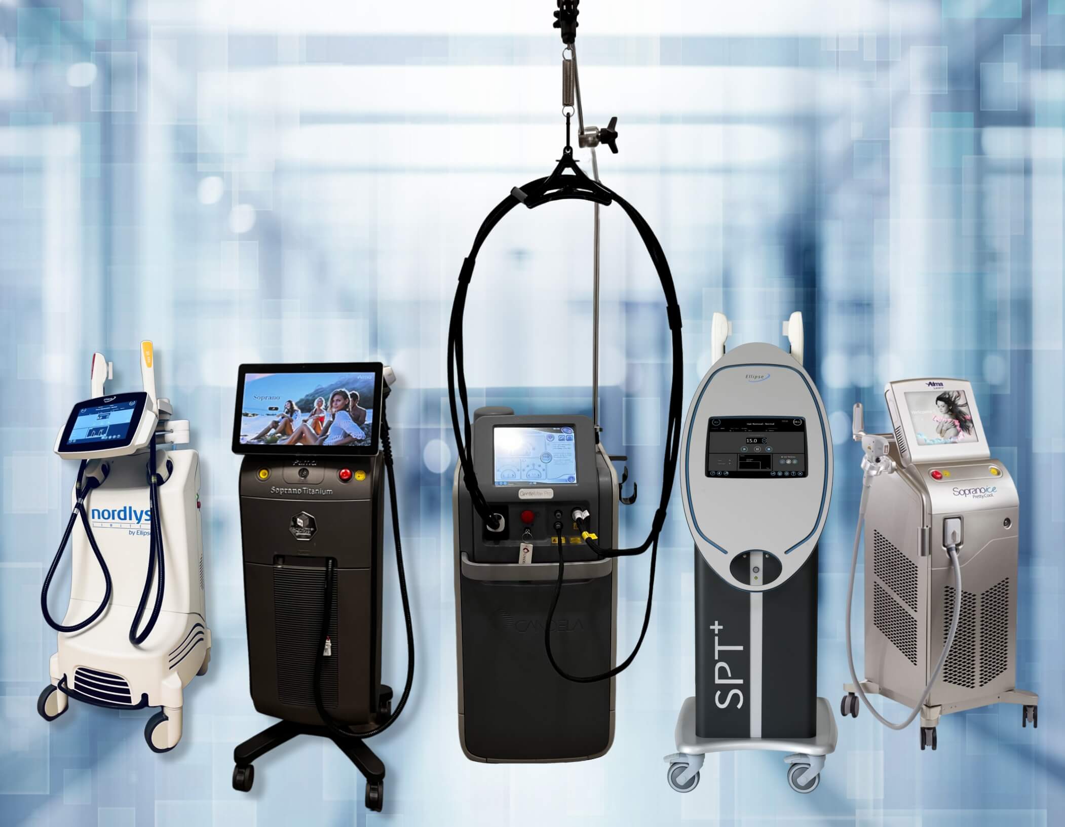 Alma Soprano Ice, Alma Soprano Titanium, Ellipse SPT+, Candela GentleMax Pro, Ellipse Nordlys IPL and Laser Devices.